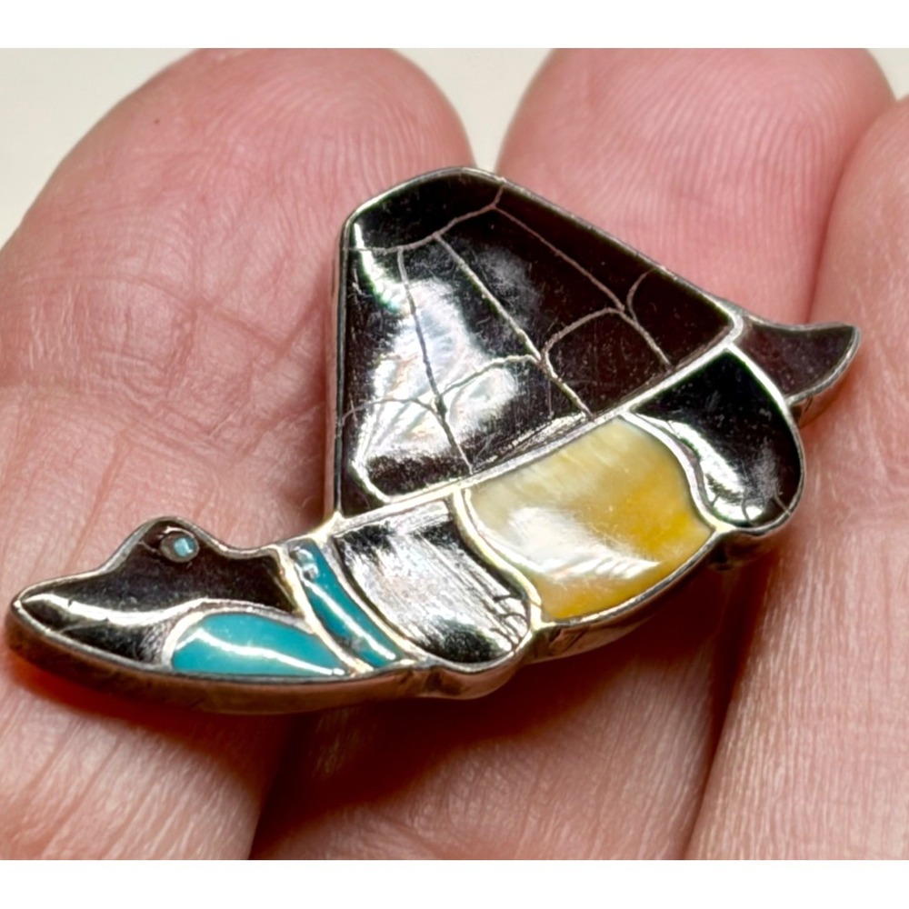 Zuni  Inlay Turtle Pendant Pin Brooch Sterling Silver Ray Nieto RN Mosaic - Picture 2 of 13